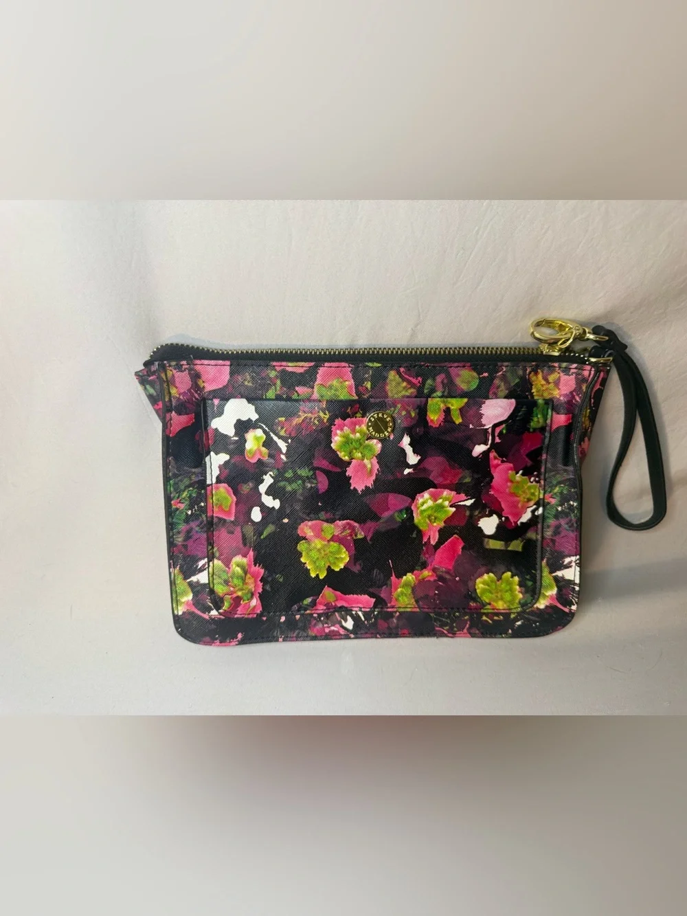 Steve Madden Black Floral Zip Wristlet with Pink and Green Accents